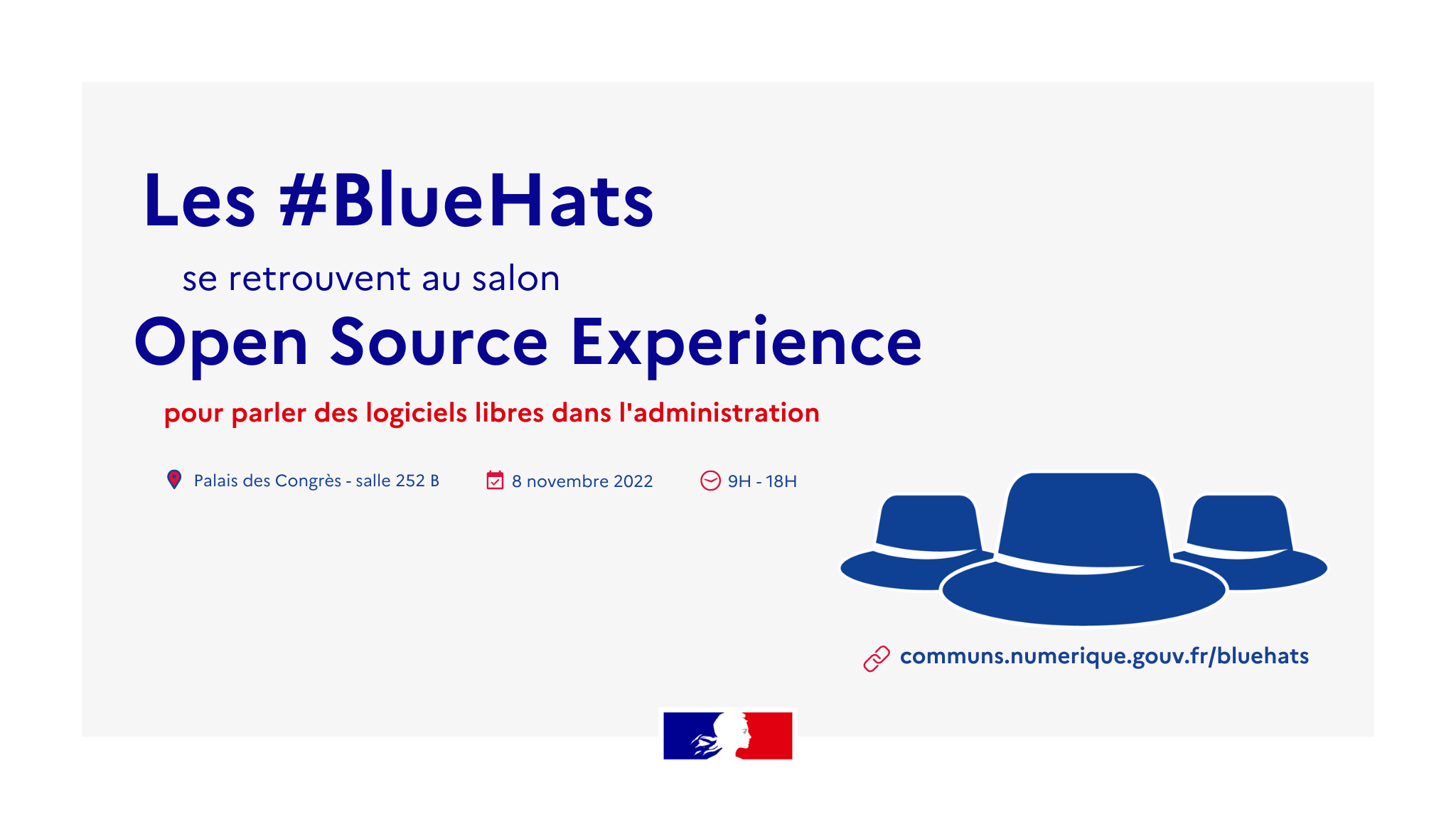 Illustration pour l'événement contenant un titre, une description, la date, le lieu, et l'adresse de la page bluehats du site